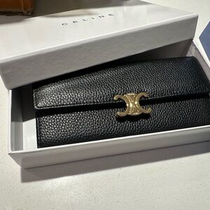 Celine Black Textured Wallet with Gold Logo